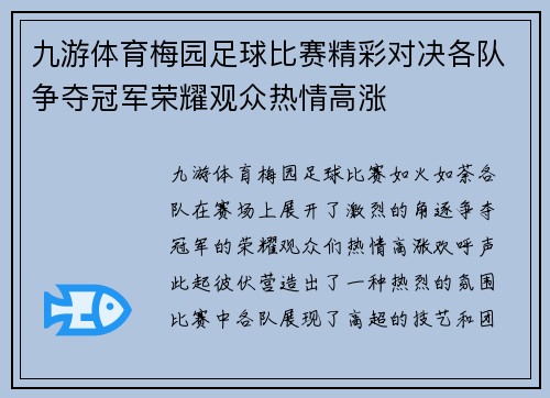 九游体育梅园足球比赛精彩对决各队争夺冠军荣耀观众热情高涨